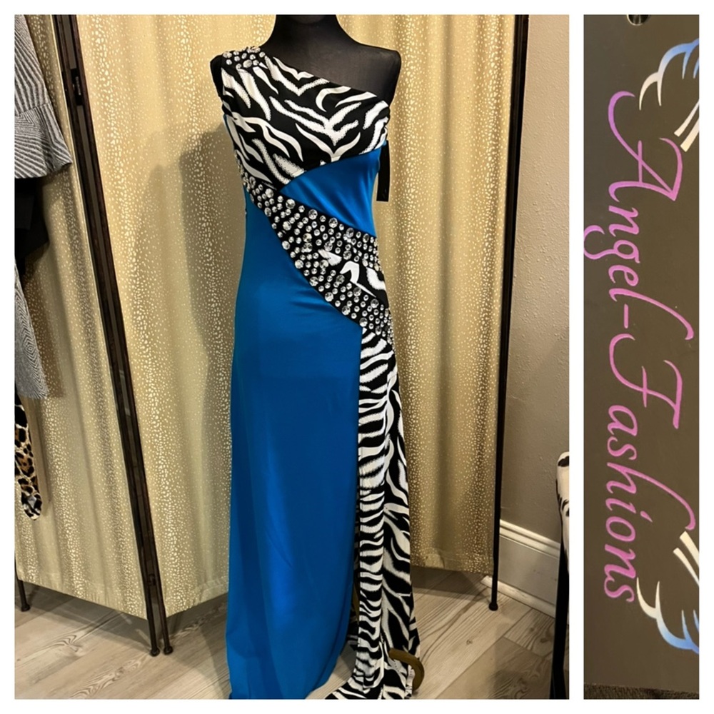 Long Teal Blue & Zebra Studded One Shoulder Formal Dress